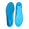 Blue women's walking insole pair with textured top and perforated comfort pad