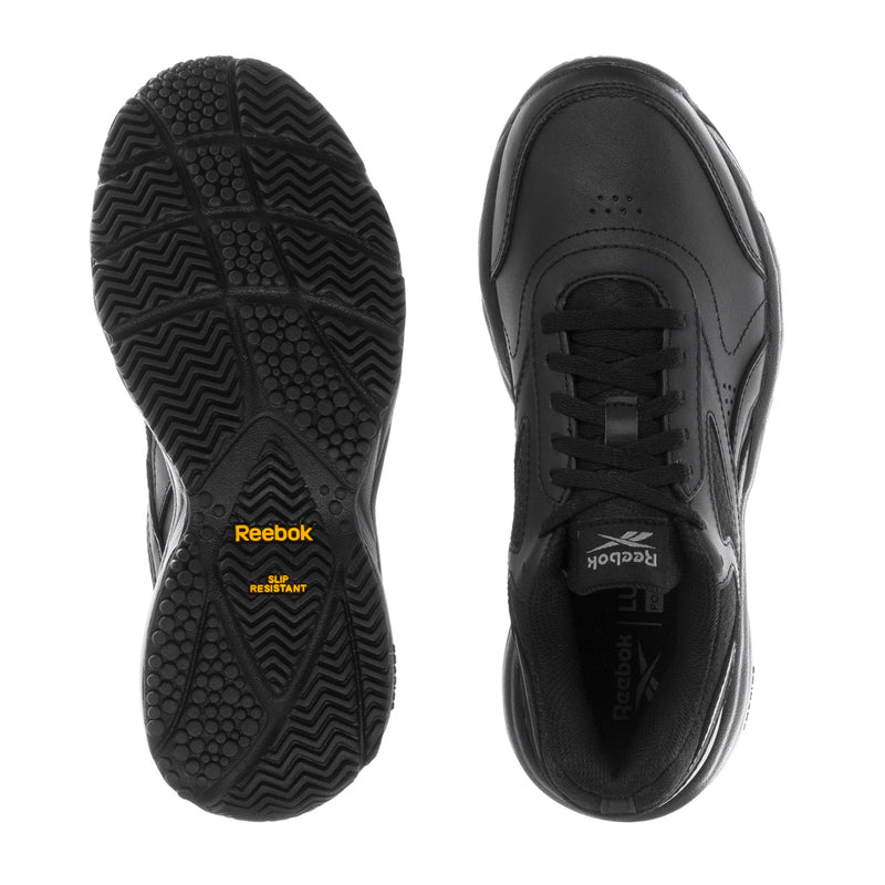 Black Reebok women's sneaker soles: tread pattern and heel interior view