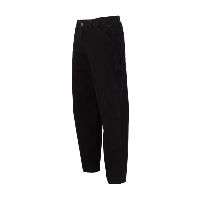Men's black work pants, angled view with back yoke and pocket