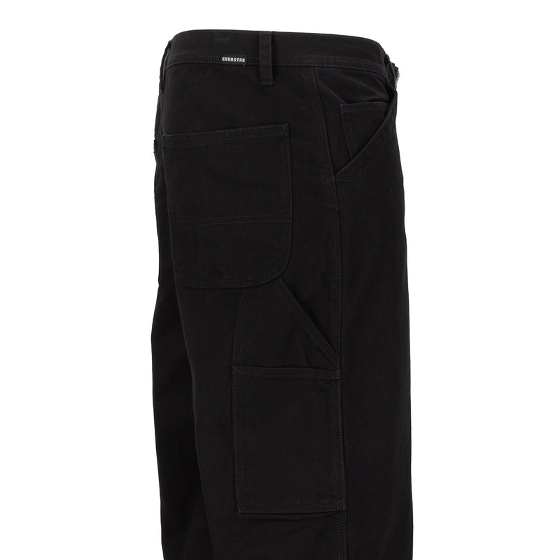 Men's black work pants close-up: back patch pockets and label near waistband