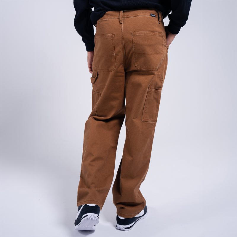 Men's brown cargo work pants, back view with utility pockets