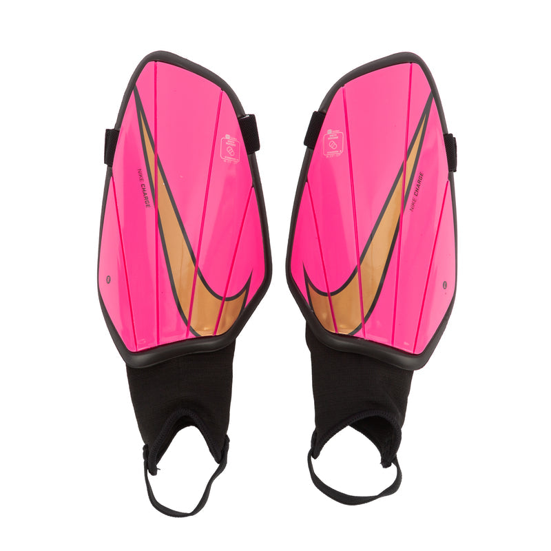 Pink ankle shin guards with black trim, adjustable straps, contoured shell