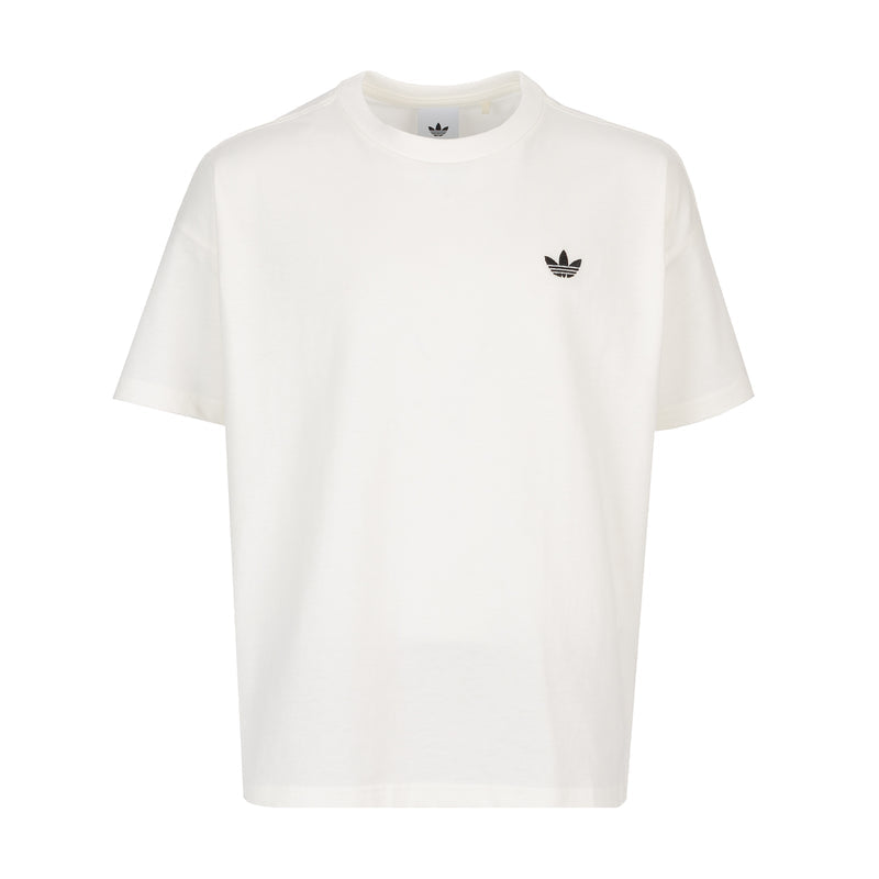 Youth off-white crewneck tee with small black trefoil logo on chest