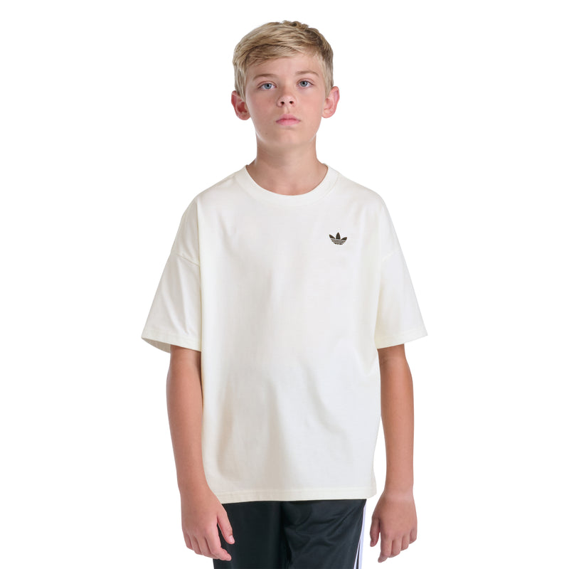 Youth off-white crewneck tee with small trefoil logo on chest