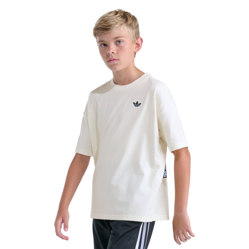 Off-white youth crewneck tee with small trefoil logo on chest; front angle