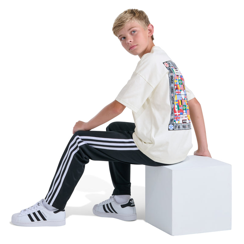Off-white youth crewneck tee with colorful graphic on sleeve/back panel