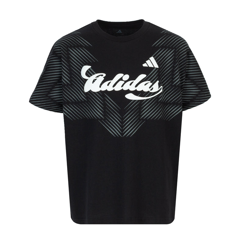 Youth black Adidas graphic T-shirt with striped pattern and white logo, crew neck