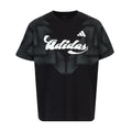 Youth black Adidas graphic T-shirt with striped pattern and white logo, crew neck