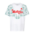 Youth white T-shirt with green striped graphic and red logo on the chest