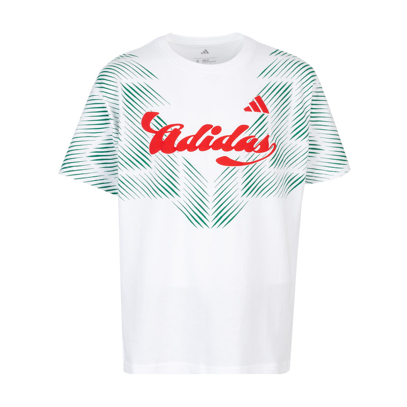 Youth white T-shirt with green striped graphic and red logo on the chest