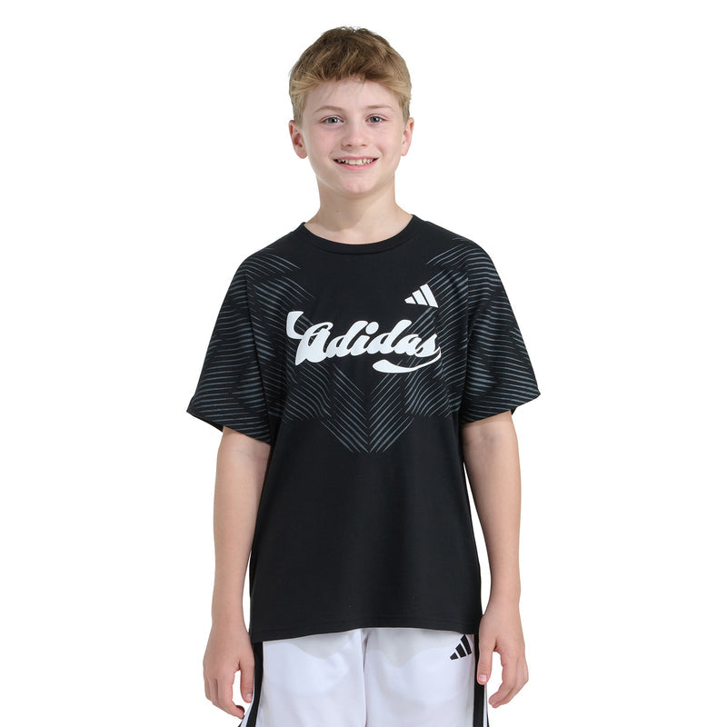 Youth black Adidas graphic T-shirt with diagonal striped pattern and white logo, crew neck