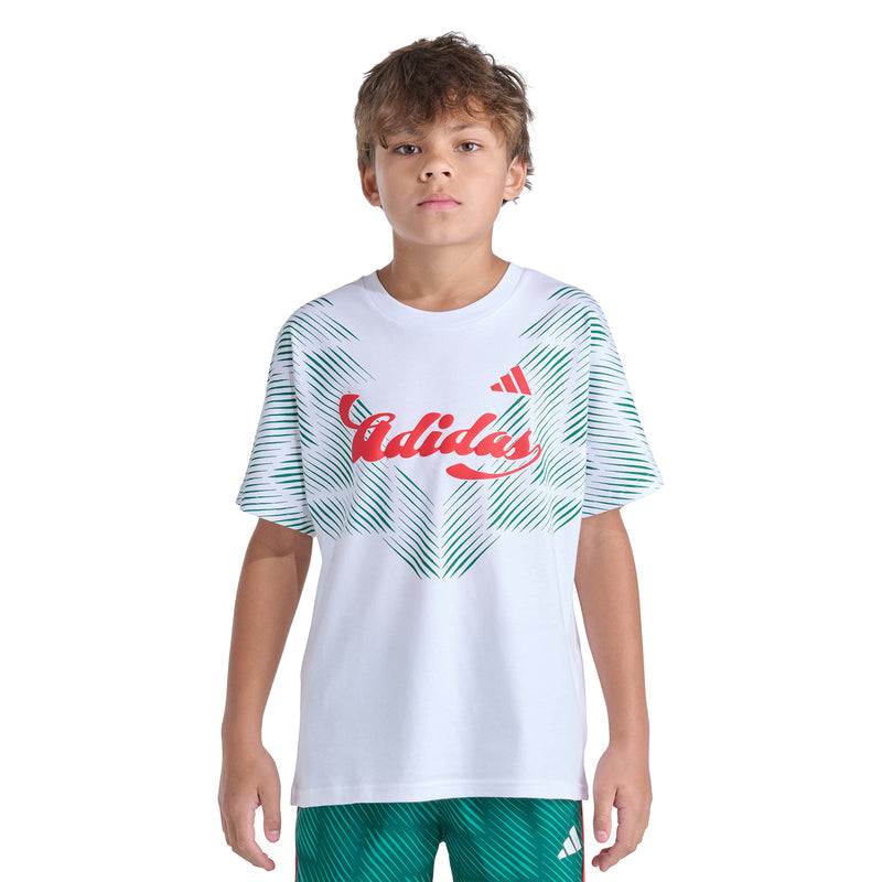 Youth white tee with green striped chevron pattern and red Adidas-style logo