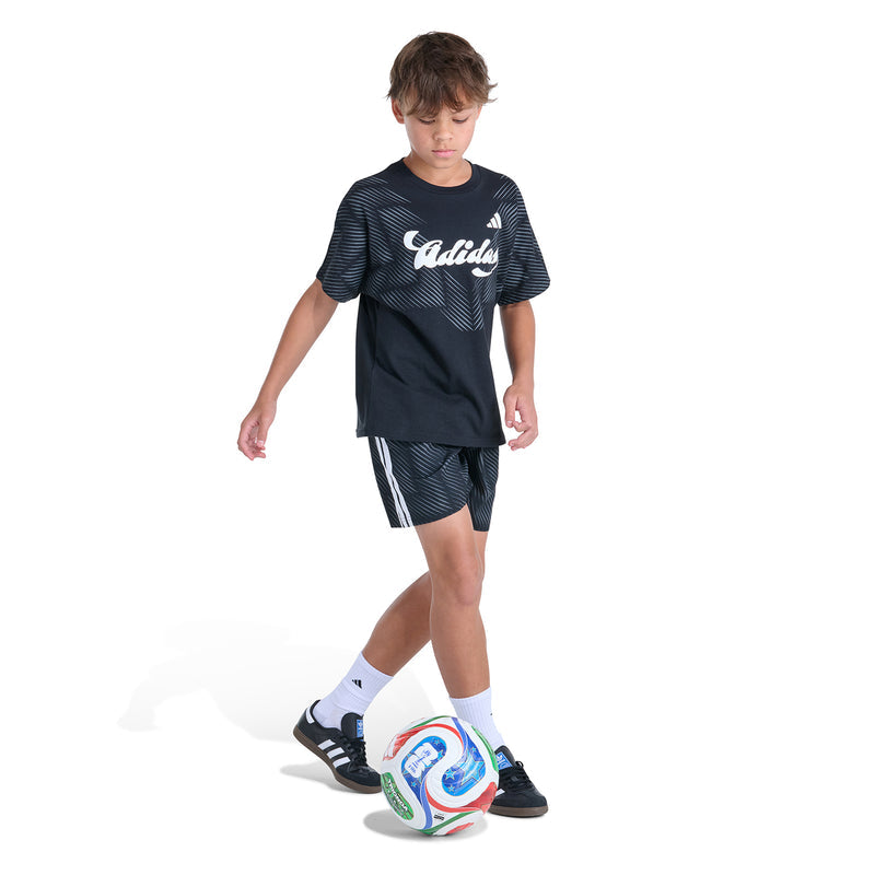 Youth black Adidas graphic T-shirt with diagonal striped pattern, short sleeves