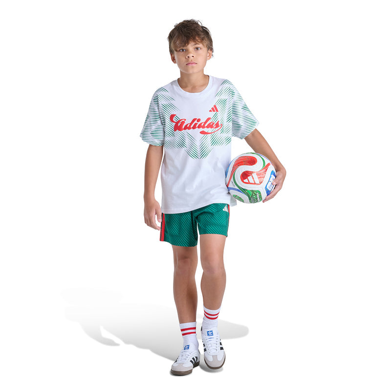 Youth white T-shirt with green striped chest print and red logo; holding a soccer ball