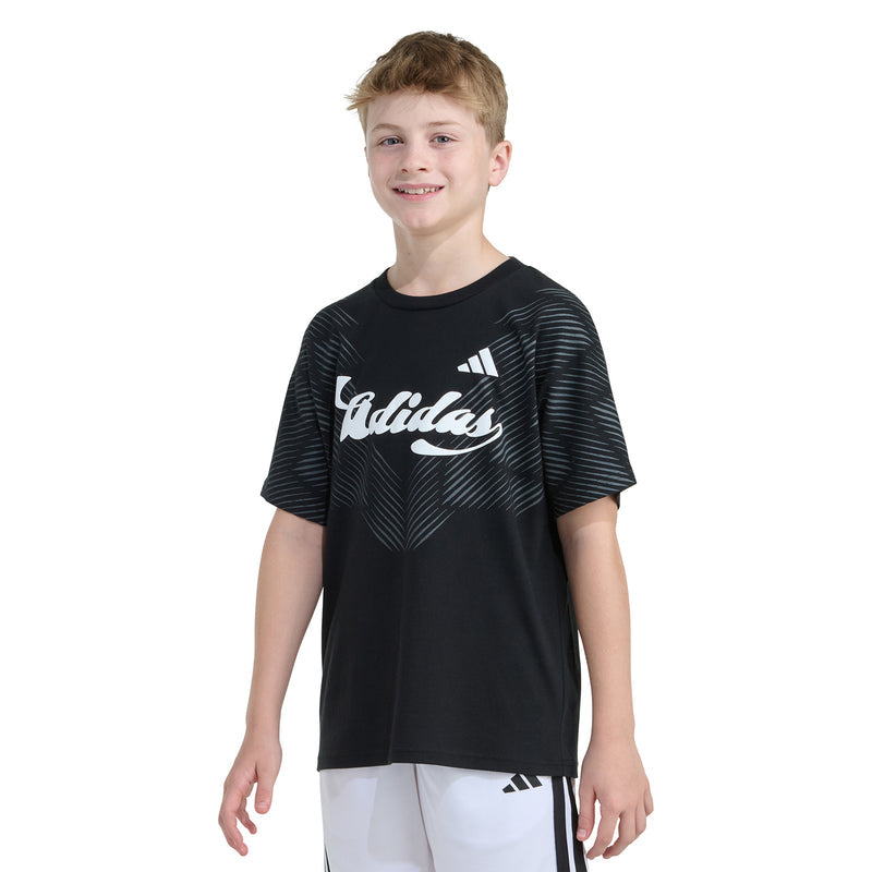 Youth black Adidas graphic T-shirt with large white logo and striped pattern, crew neck