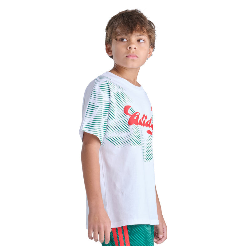 Youth white T-shirt with green striped side graphic and red logo, short sleeves