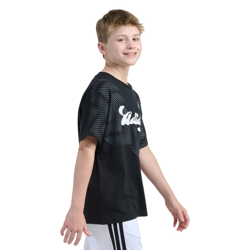 Youth black Adidas graphic T-shirt with diagonal striped pattern, short sleeves