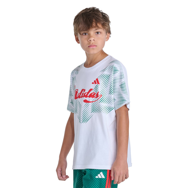 Youth white tee with green striped pattern and red logo; front view with arms down