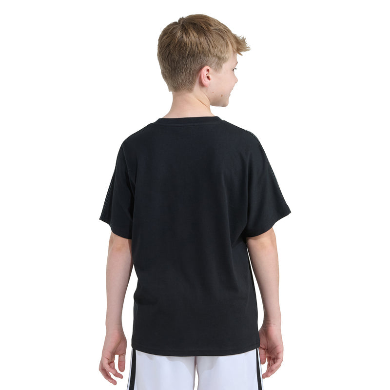 Youth black Adidas crew-neck T-shirt back view, plain with no visible graphics