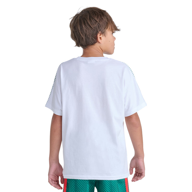 Youth white T-shirt back view with crew neck and short sleeves