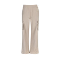 Women’s woven cargo pants, light mocha with cargo flap pockets and drawstring waist.