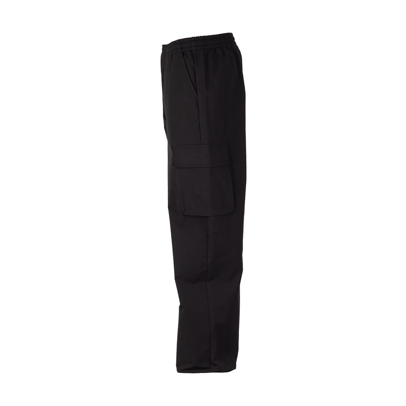 Women's black woven cargo pants with flap cargo pocket on leg, elastic waist