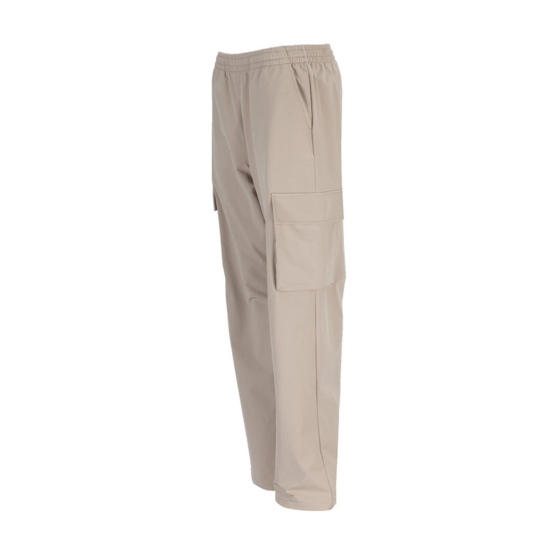 Women’s woven cargo pants in light mocha, relaxed fit with front cargo pocket.