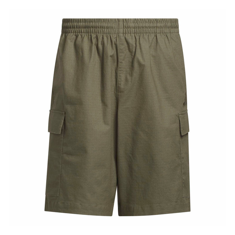 Olive woven cargo shorts with elastic waistband and side cargo pockets