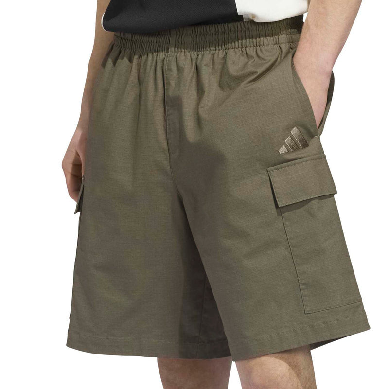 Olive woven cargo shorts with elastic waist and side cargo pocket detail