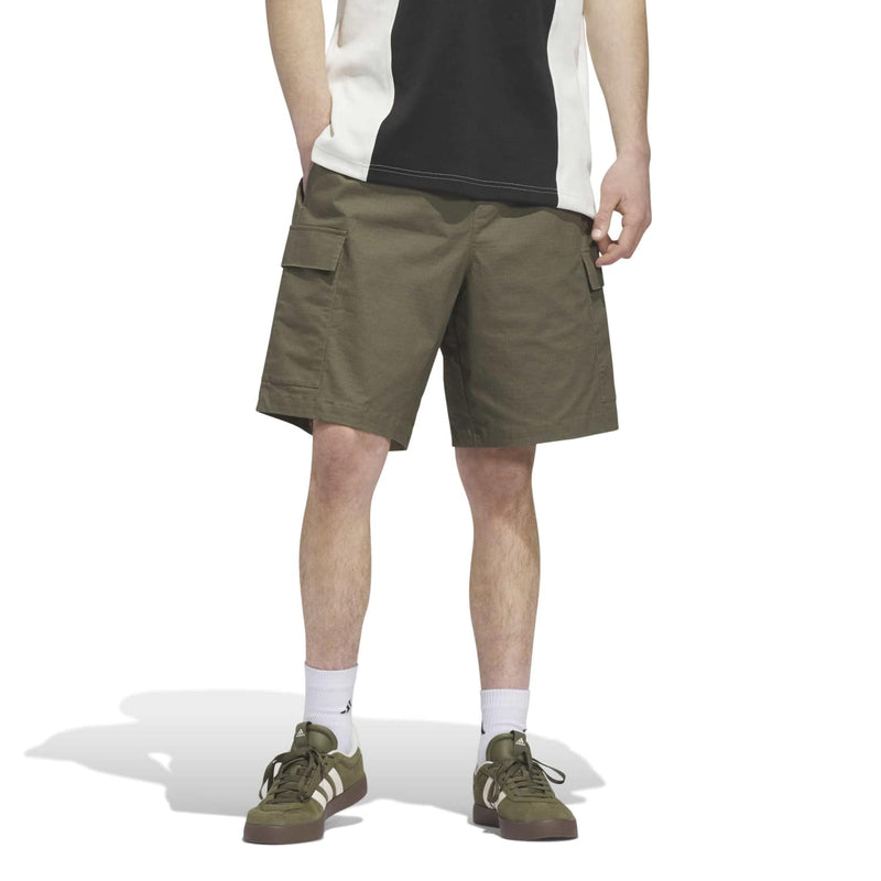 Olive woven cargo shorts with elastic waist and straight cargo pocket panels