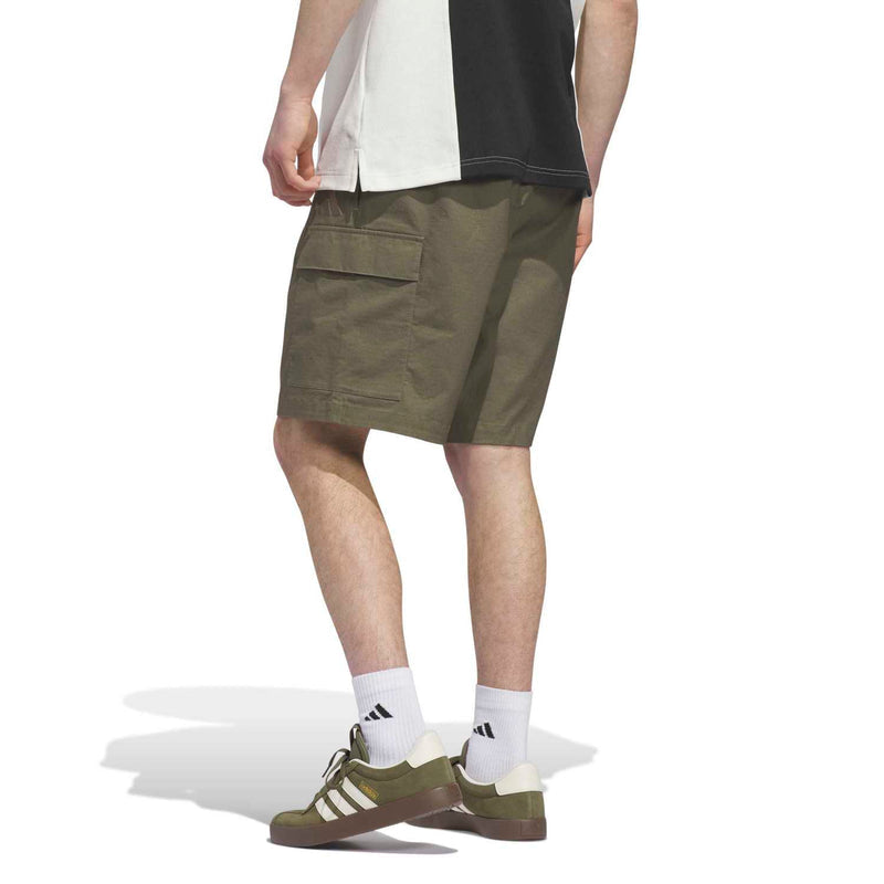 Olive woven cargo shorts with front cargo pockets and elastic waistband