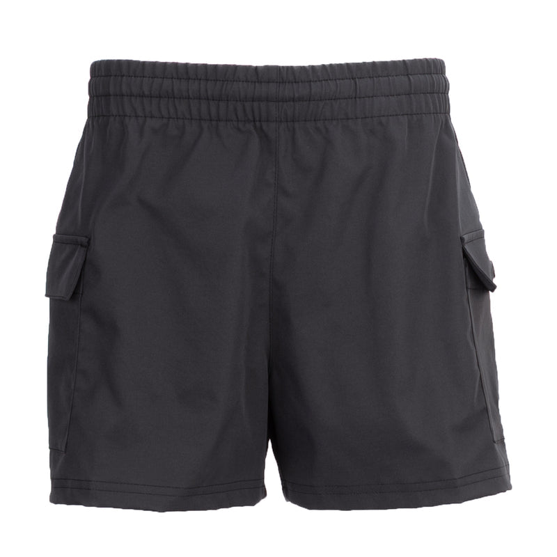 Youth black woven cargo shorts with elastic waistband and side flap pockets
