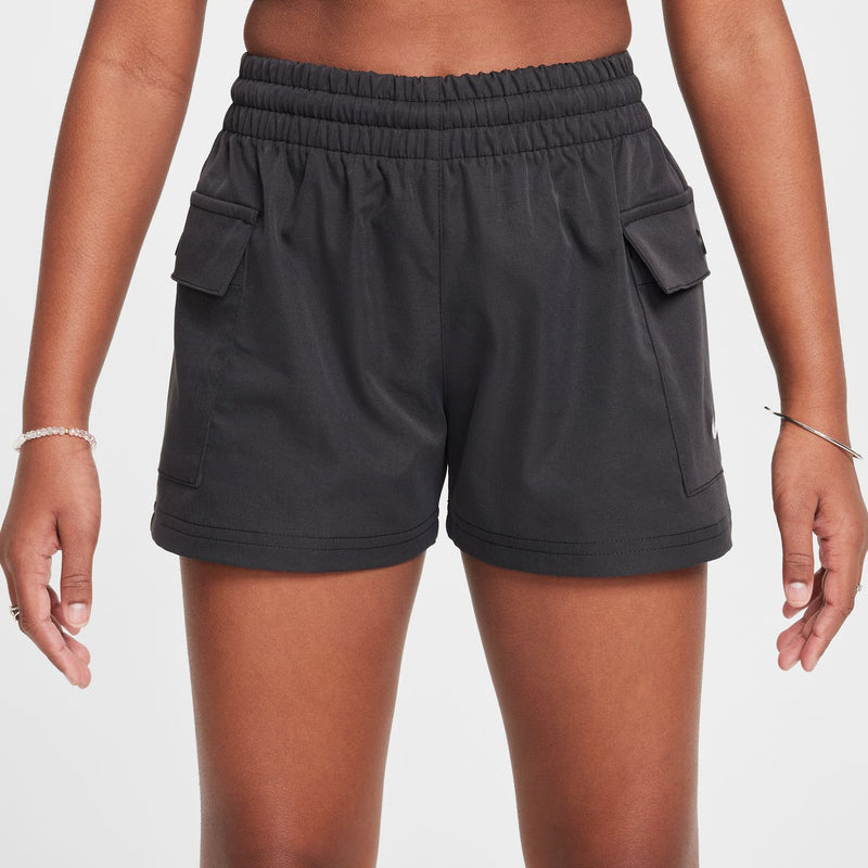 Youth black cargo shorts, elastic waist with two side pockets and flap details