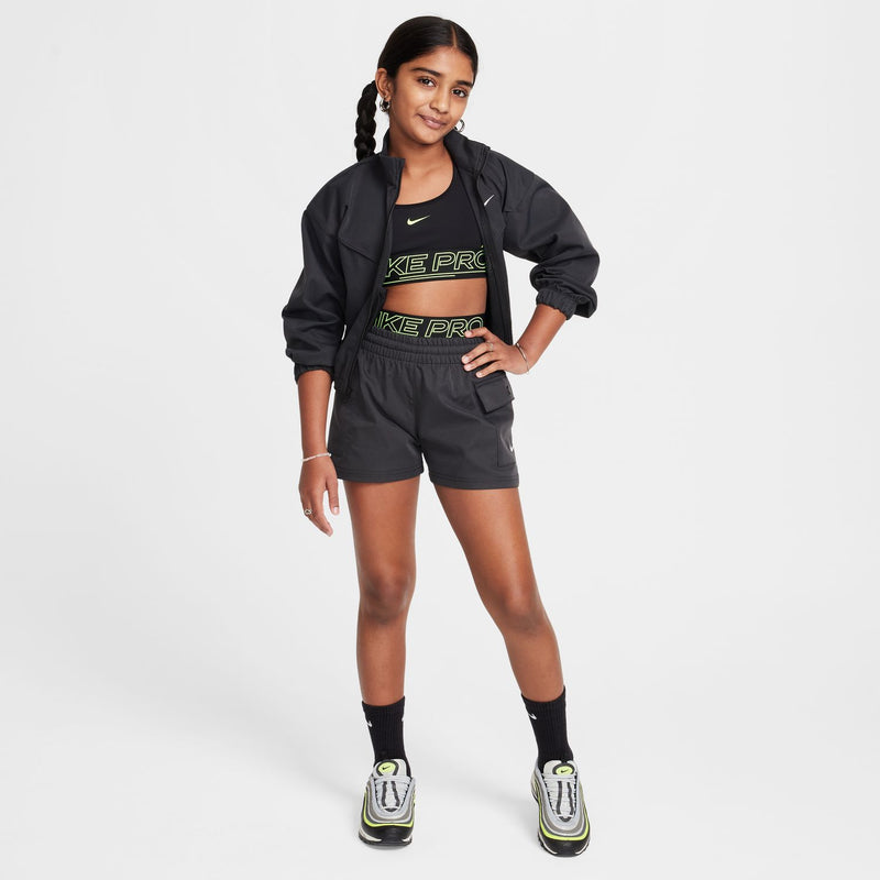 Youth black cargo shorts with elastic waistband and side flap pockets, relaxed fit