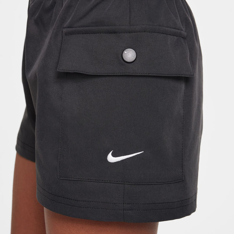Black youth cargo shorts with flap cargo pocket and small Nike swoosh