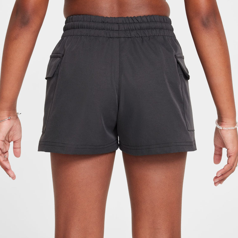 Youth black cargo shorts rear view with elastic waistband and side cargo pockets