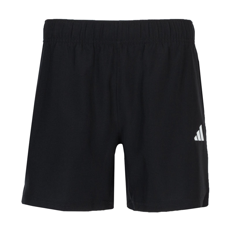 Youth black woven shorts with elastic waistband and small adidas logo on right leg