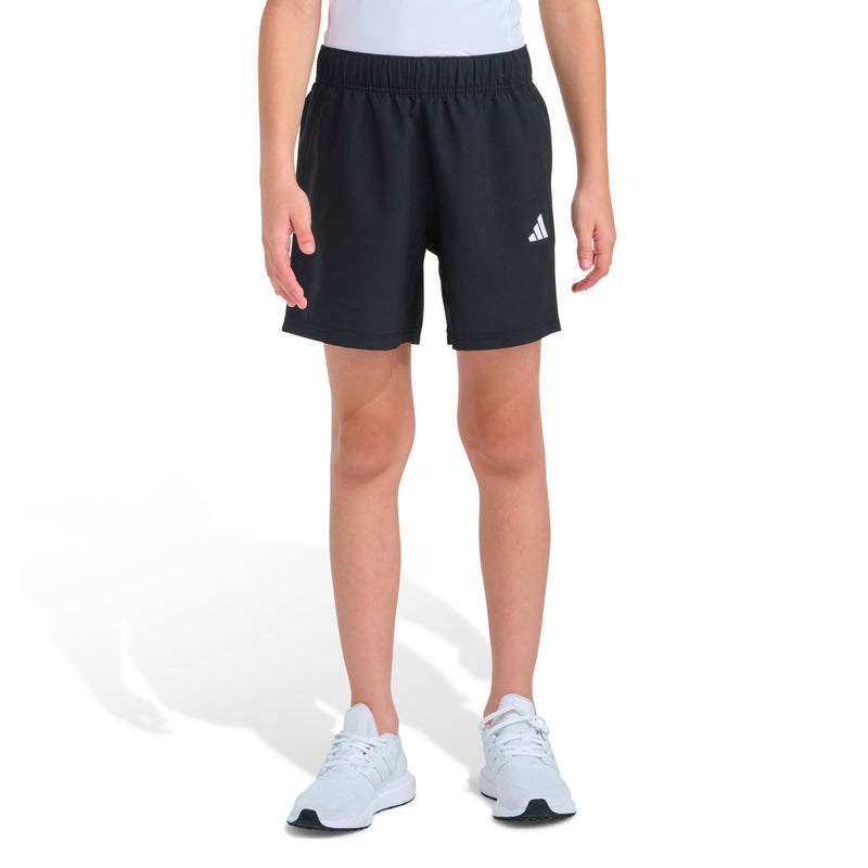 Youth black woven shorts, front view, elastic waistband with small adidas logo on thigh