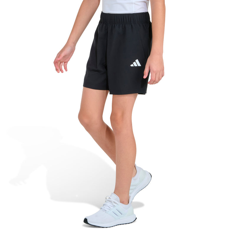 Youth black woven shorts, front-side view, elastic waistband and small adidas logo