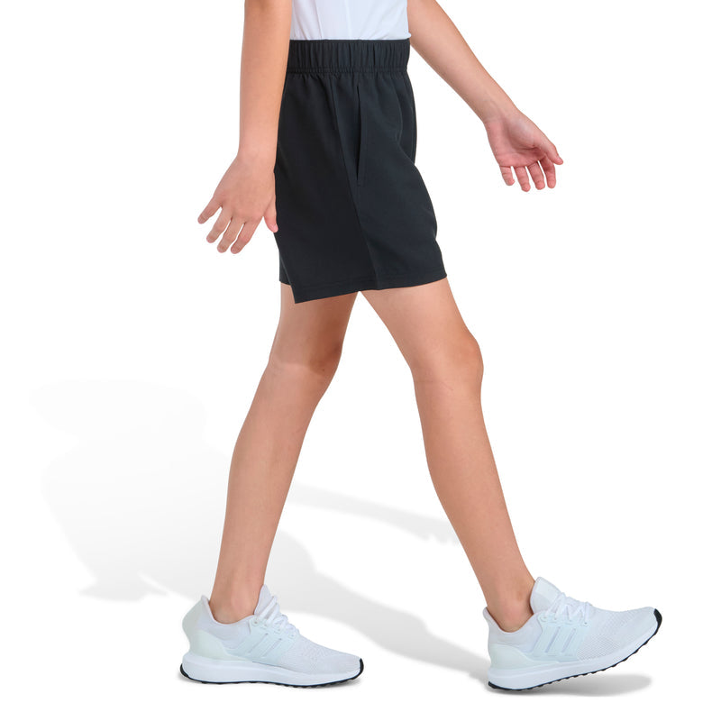 Youth black woven shorts with elastic waistband, side view, clean seam detail