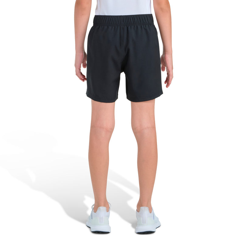 Youth black woven shorts, back view, elastic waistband with no visible logo