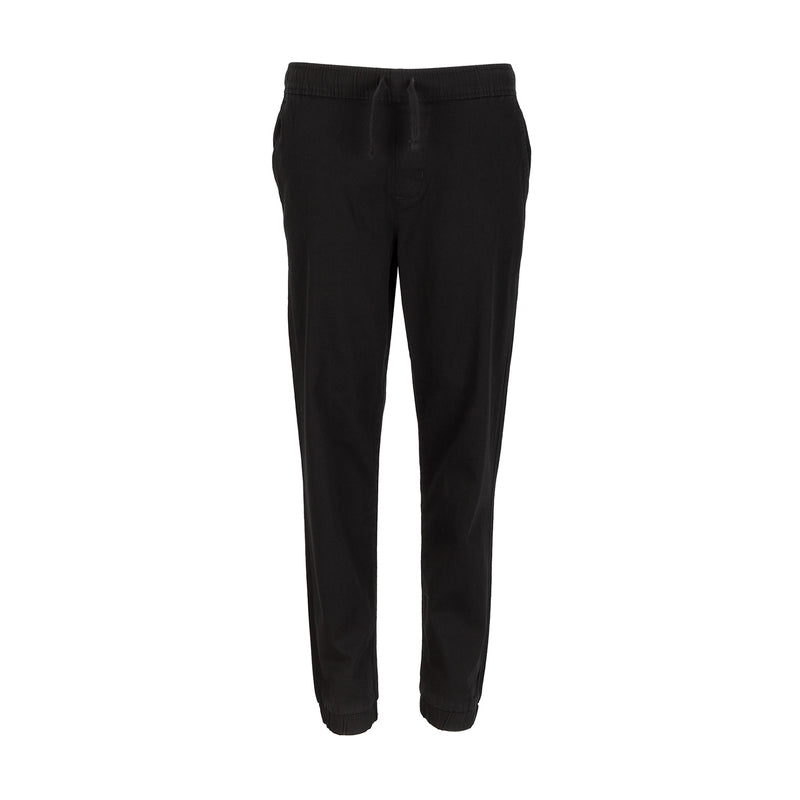 Youth woven jogger pants, black, elastic waistband and tapered leg.
