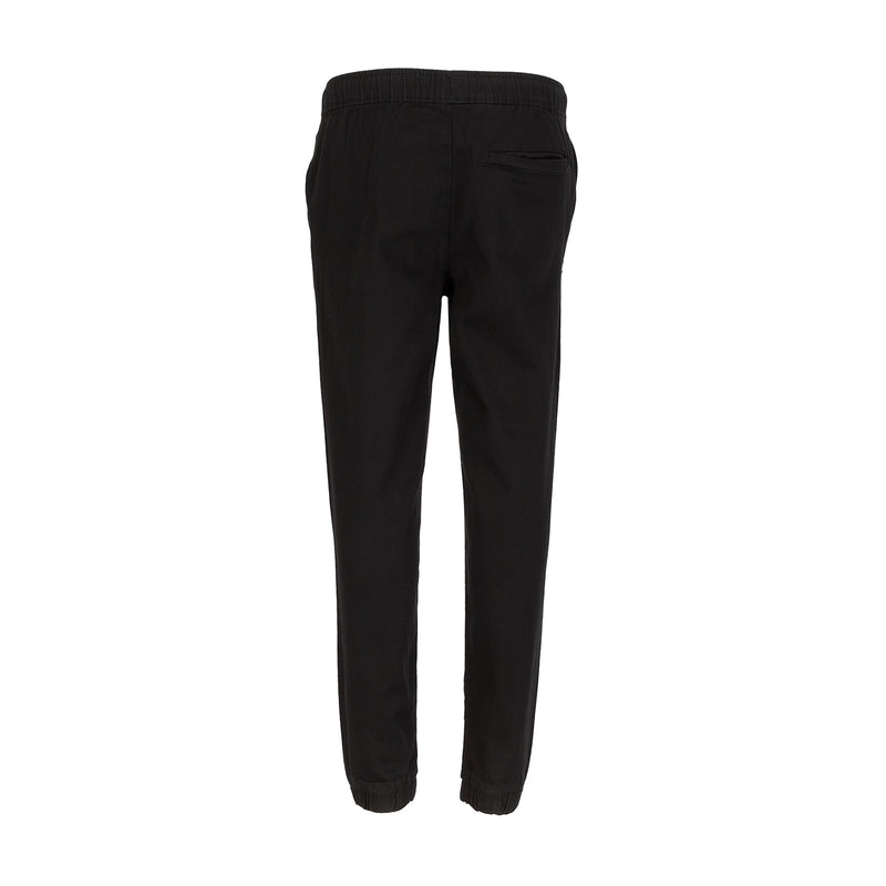 Youth woven jogger pants, black with elastic waistband and relaxed tapered legs.