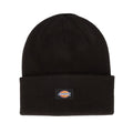 Black knit tall beanie with cuff and woven label