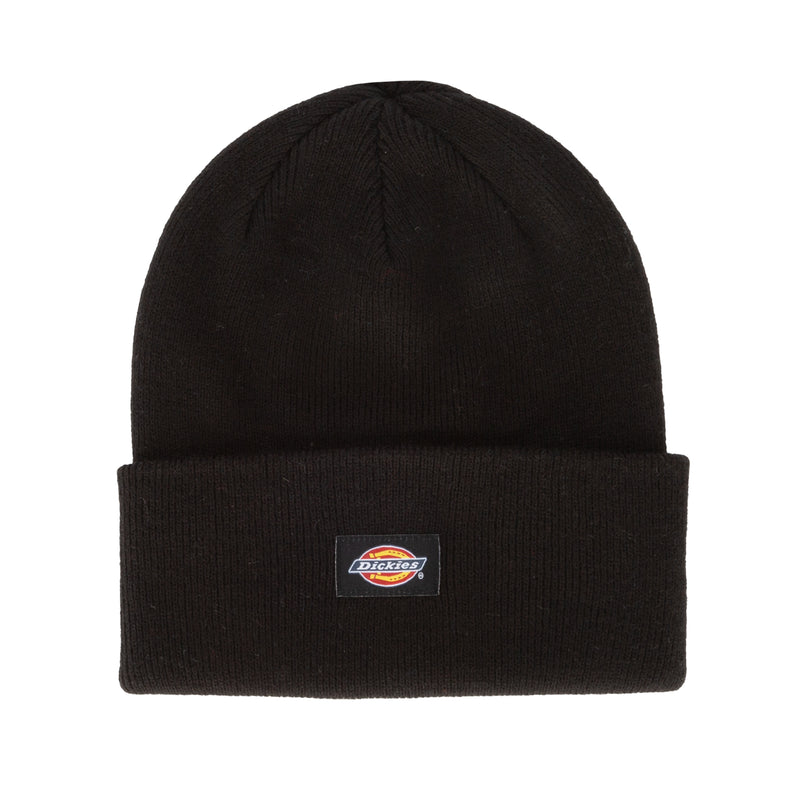 Black knit tall beanie with cuff and woven label