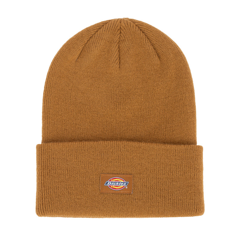 Brown cuffed tall beanie with Dickies woven label