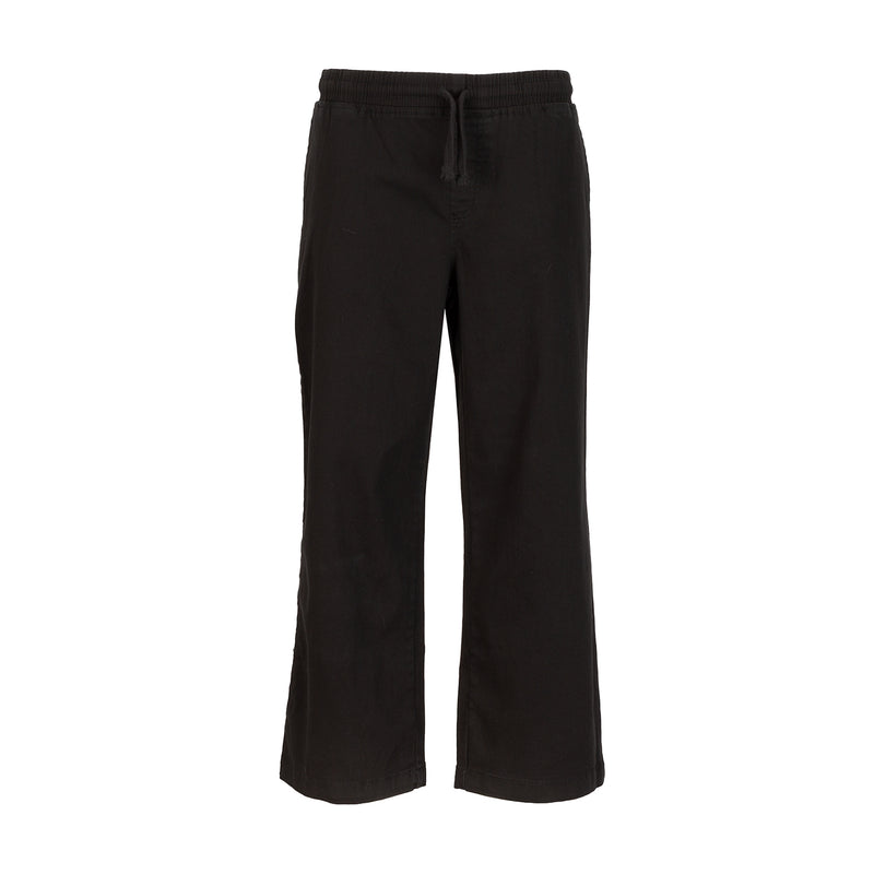 Youth woven open-hem pants, black wide-leg front with elastic waistband