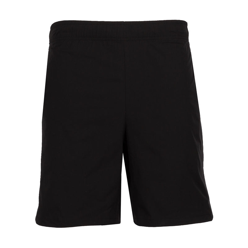 Men's black woven shorts with elastic waistband and front center seam