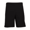Men's black woven shorts with elastic waistband and front center seam