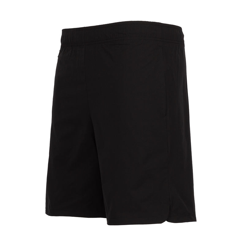 Men's black woven shorts with elastic waistband, relaxed fit
